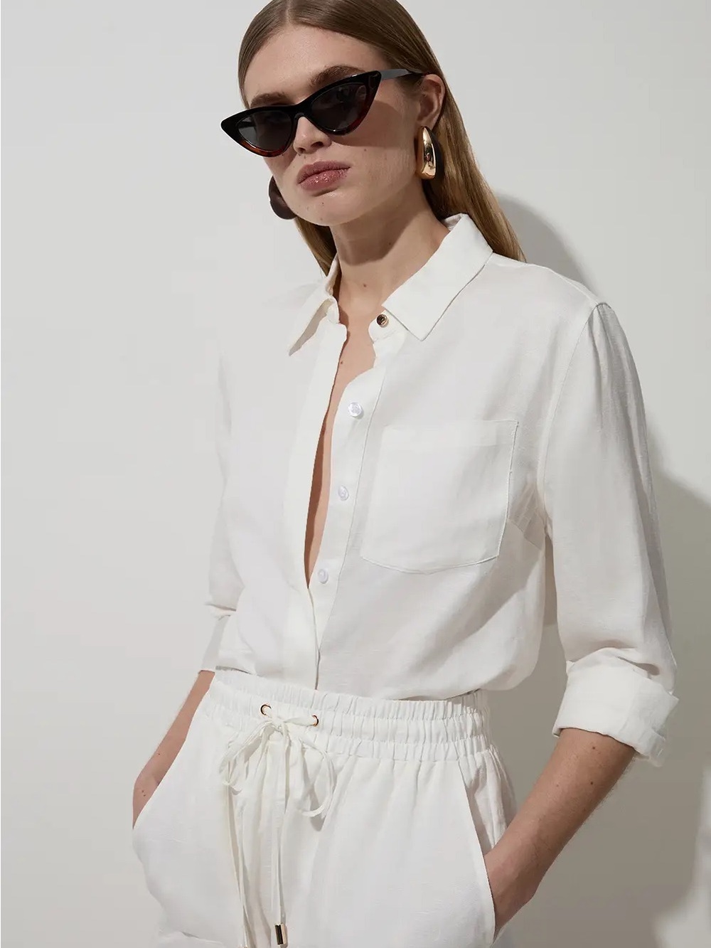 Karen Millen Linen Woven Long Sleeve Shirt White Sz 4 NWT